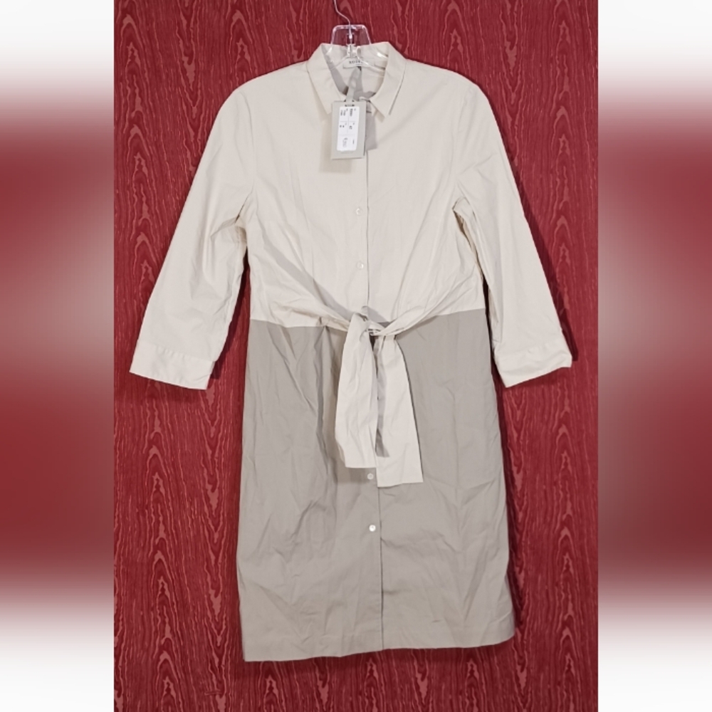 ROSSO35 Long Sleeve Collared Colorblock Tie Waist Shirt Dress Women's